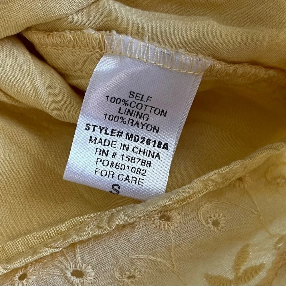 Mable Pastel Yellow Floral Eyelet Ruched Drawstring Mini Dress Size Small